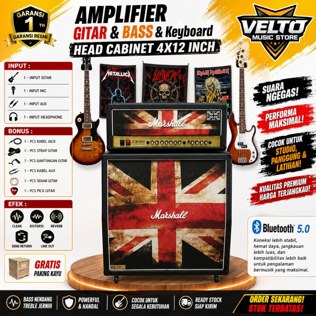 Ampli Gitar & Bass & Keyboard 4x12 Bluetooth 5.0 bisa untuk karaoke 3 Input Marshall