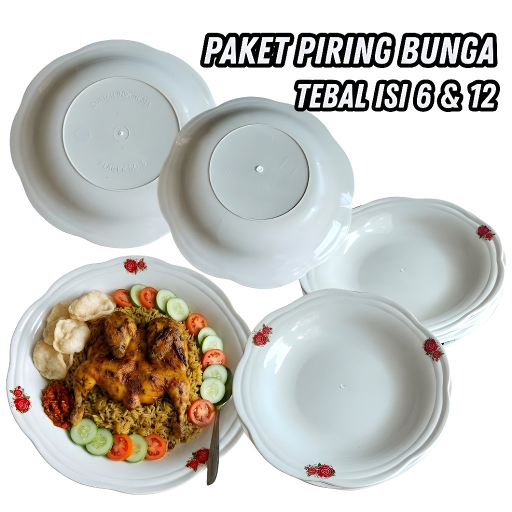Paket Piring Bunga Tebal Isi 6 & 12 Piring Makan Putih Motif Cutting Bunga Mawar