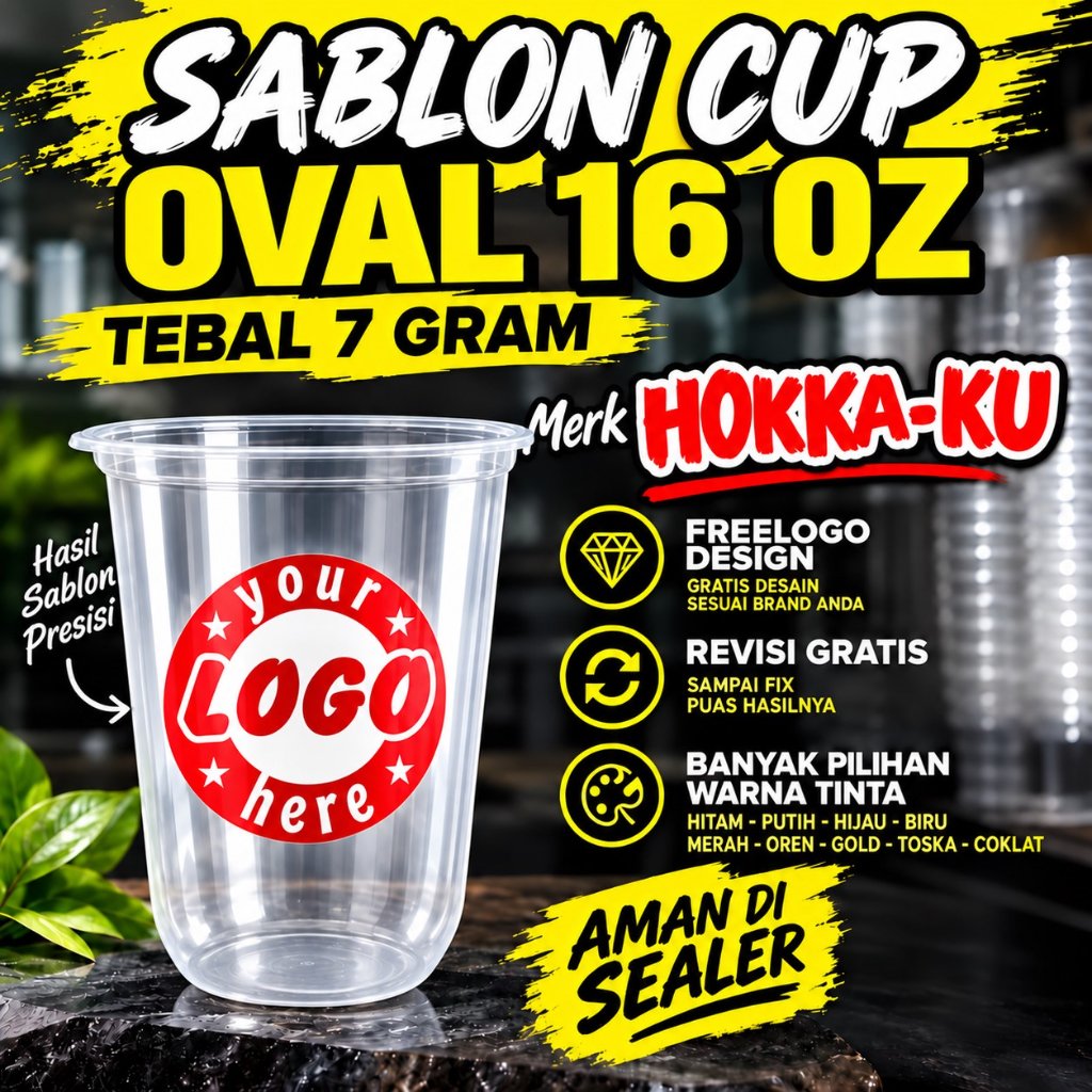 Sablon Cup 16 Oz Custom Logo | Cup Plastik Oval Hokkaku | Gratis Desain
