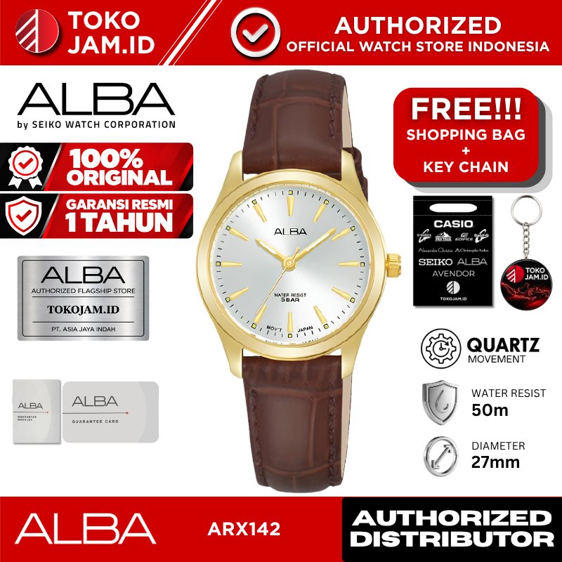 ALBA ARX142X1 Jam Tangan Wanita Analog Silver Dial Brown Leather Strap Water Resistant 50M Original