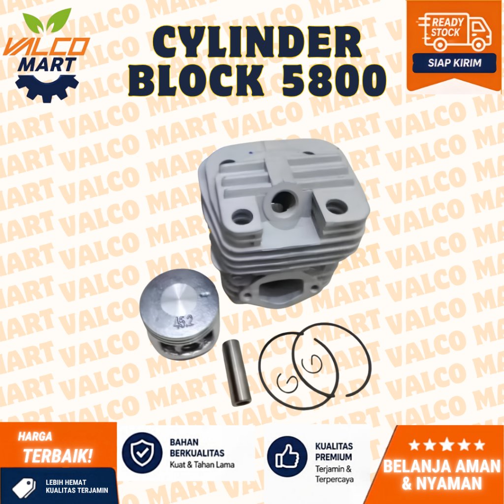 Blok Silinder Assy Chainsaw 5800 Paket Cylinder Block Piston 46mm Diameter untuk Mesin Chainsaw Tipe