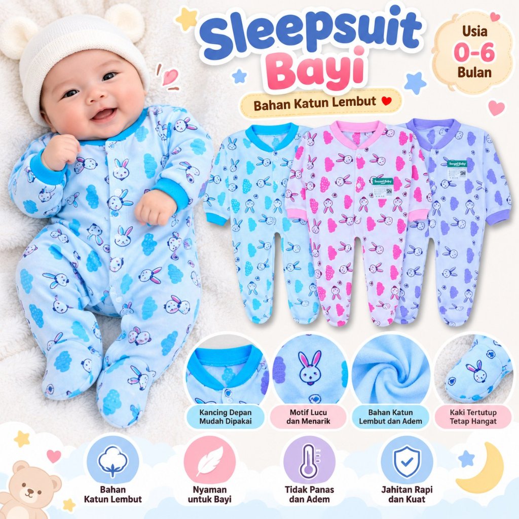 ECERAN 1pcs - Sleepsuit Bunny Bayi Baju Tidur Bayi 0-6 Bulan