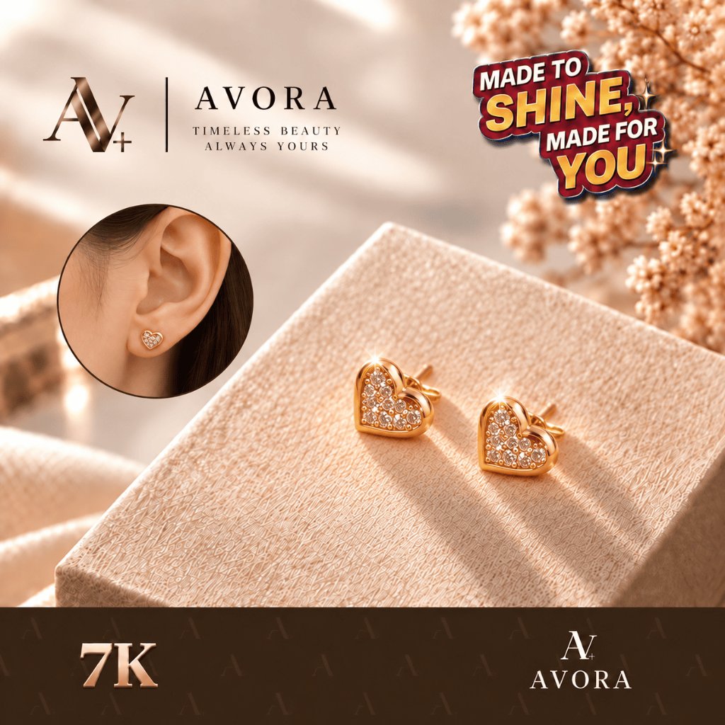 Avora Anting Emas 7K Motif Hati Batu Putih Tusuk