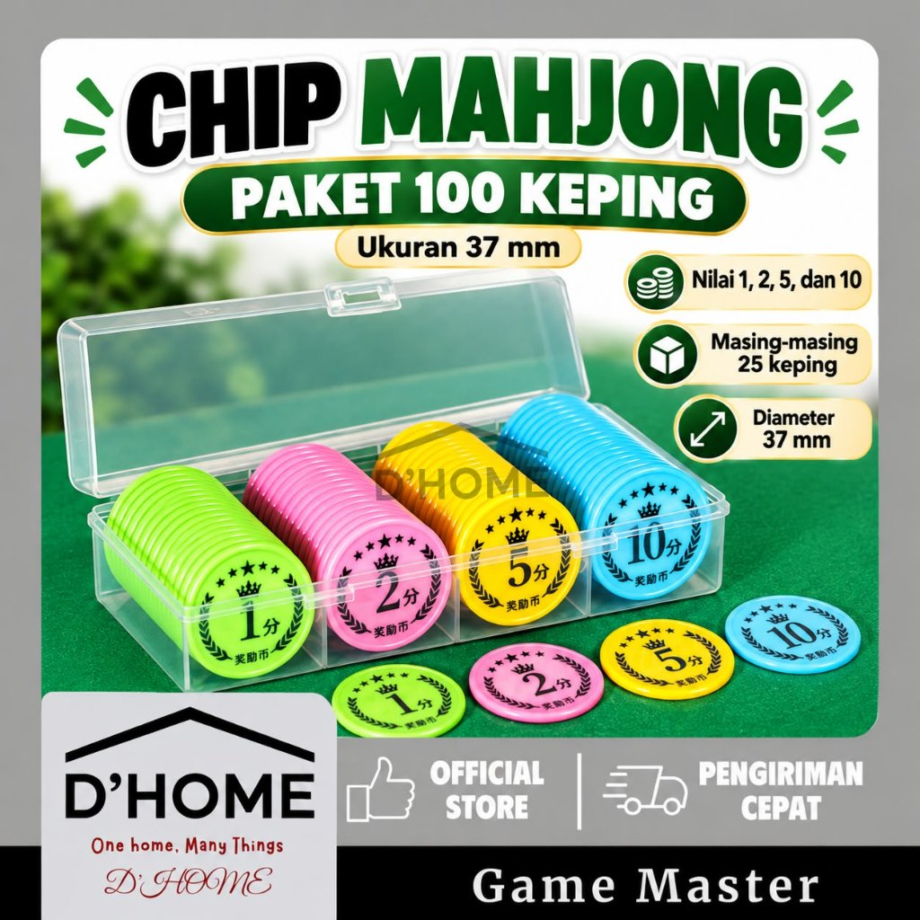 CHIP MAHJONG 37 MM 100PCS – Koin Chip Permainan Mahjong Warna Warni + Box Penyimpanan