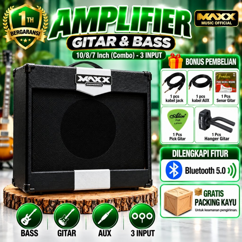 Ampli gitar & bass Original bass 10 inc 8 inc 7 Inc bluetooth 3 input hitam