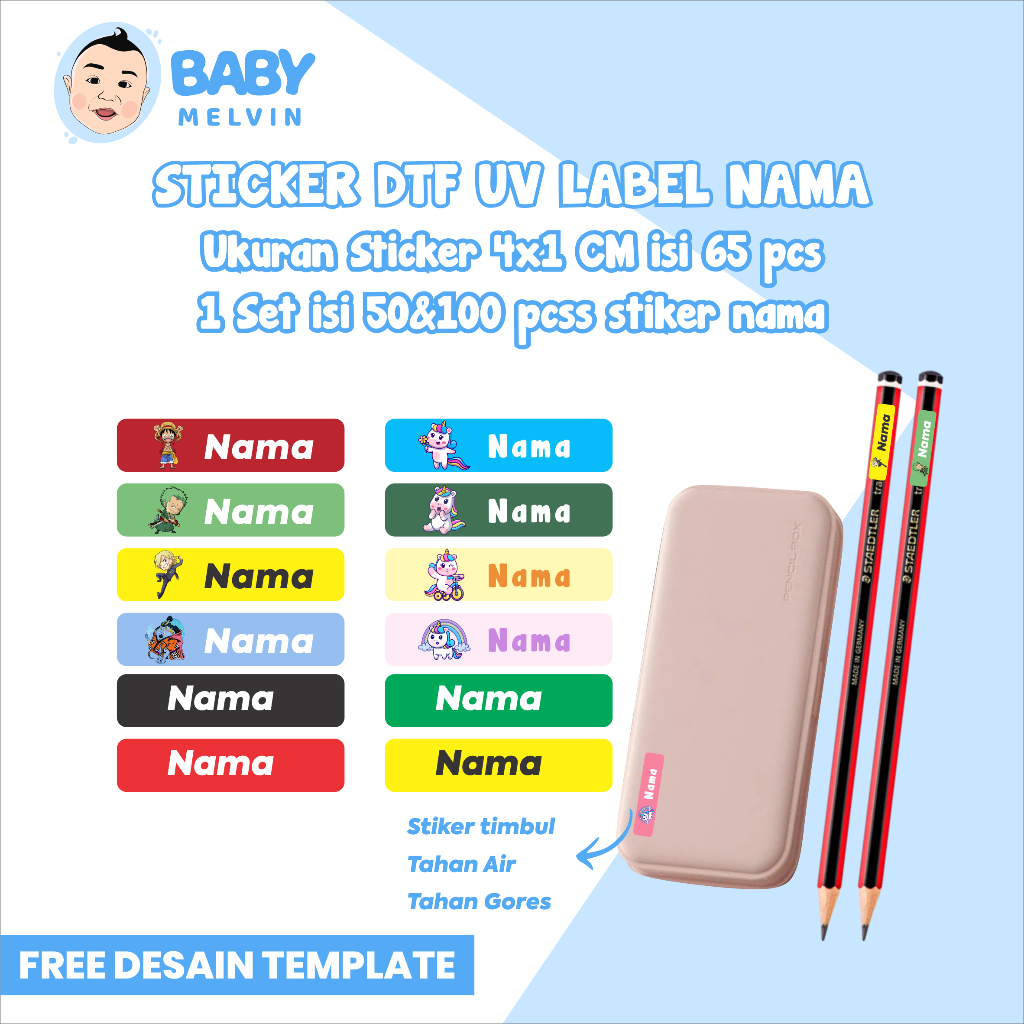 

Baby Melvi Stiker Label Produk / Alat Tulis / Stiker DTF A3 / Decal Kering / Stiker Decal Siap Cetak / A3 UV DTF / Sablon DTF - Decal Kering /Cutting