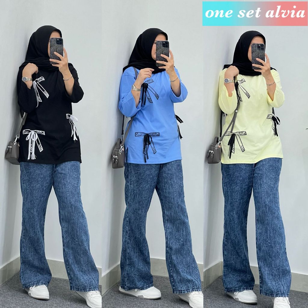 Setelan Jeans Wanita Kekinian Sablon Pita Mix Setelan Jeans Wanita Kekinian