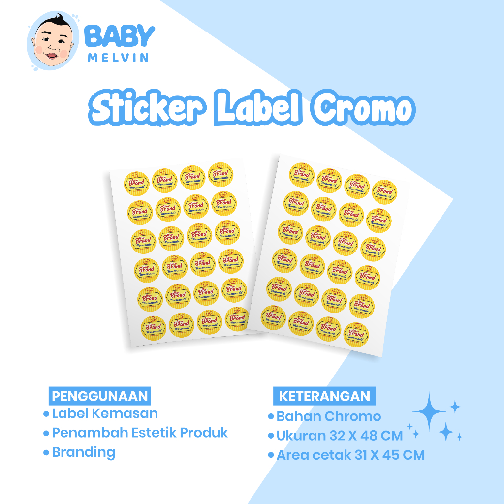 

Baby Melvin Cetak Stiker Label Chromo | Cetak Stiker Custom | Stiker Label Kemasan I Chromo Bulat Cutting