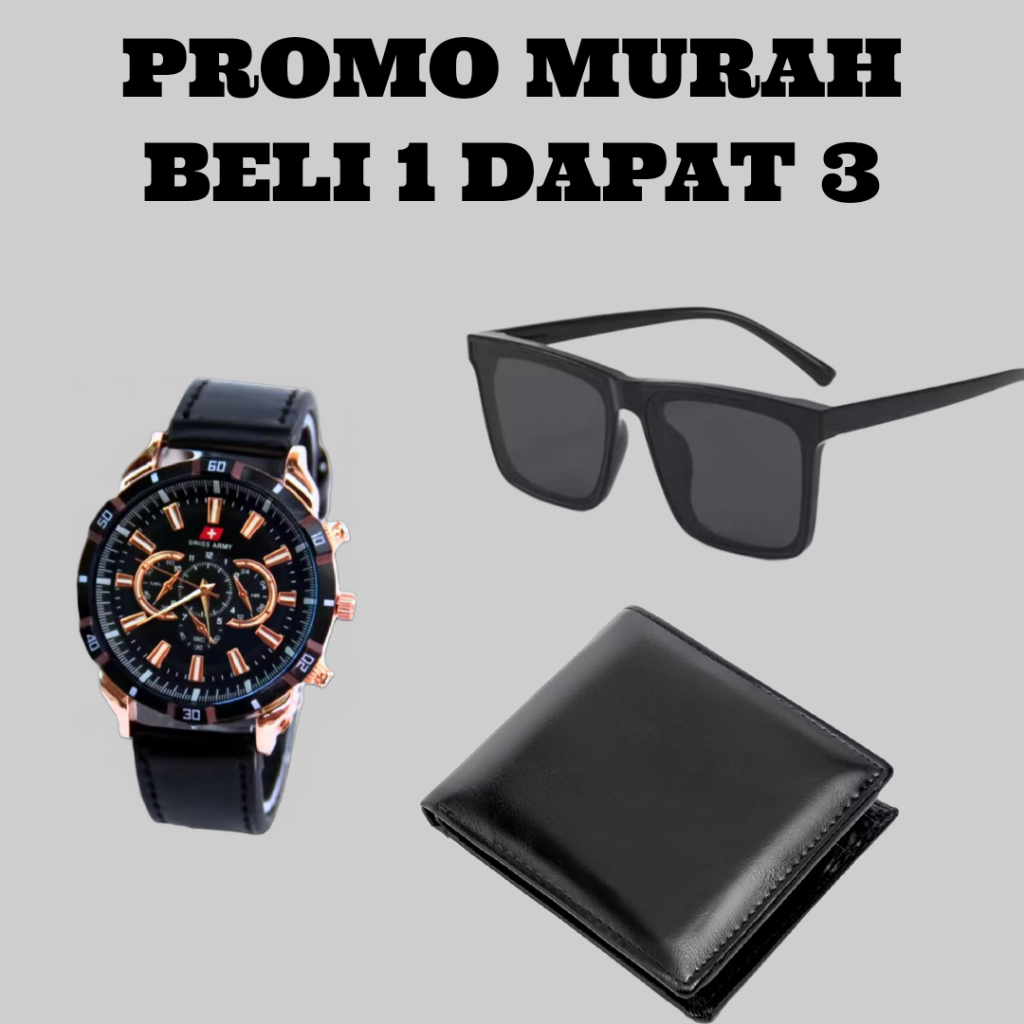 BELI 1 DAPAT 3 - Jam Tangan Pria Tali Kulit Keren Bonus Dompet Kulit Dan Kacamata Keren - BISA COD