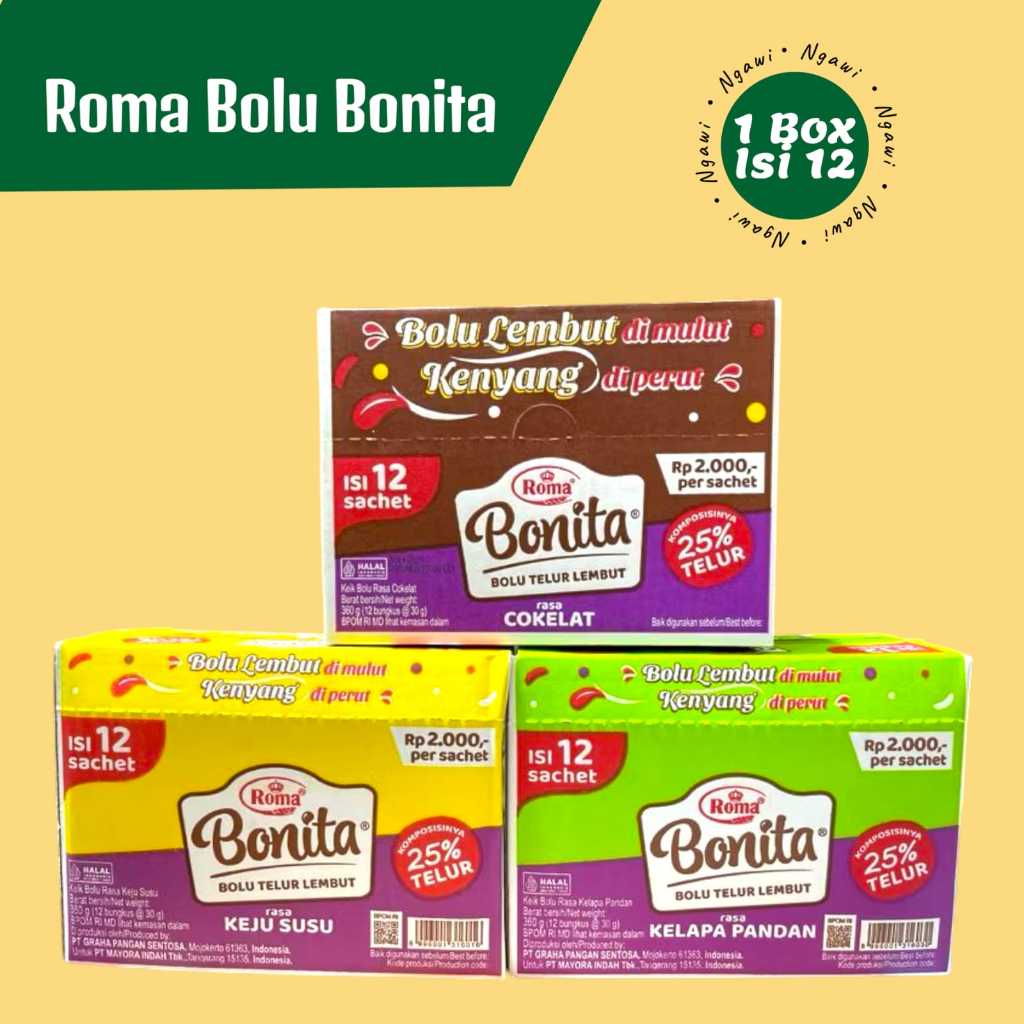 

Roma Bonita Bolu Telur 1 Box isi 12 Pcs Cokelat Keju Susu Kelapa Pandan