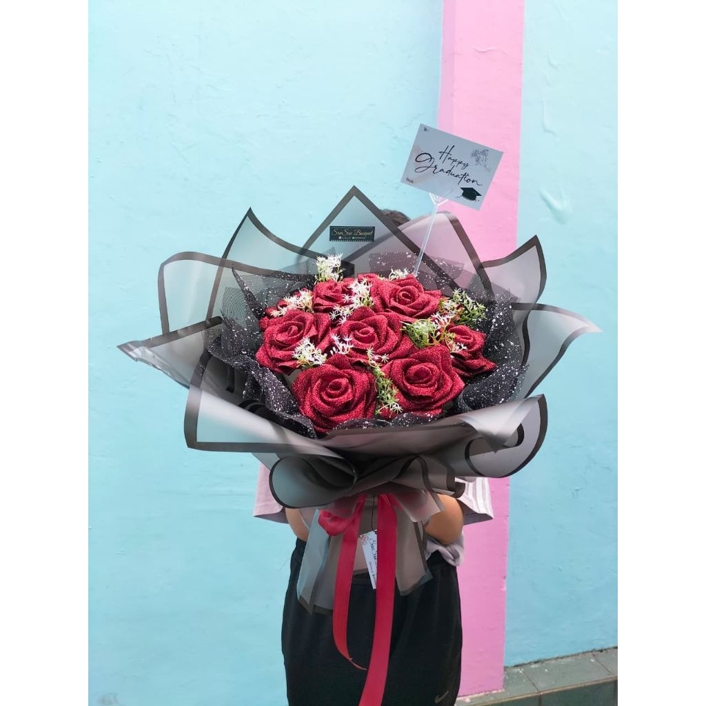 

Buket Bunga Pita Satin Gliter Mewah (Free Kartu Ucapan)