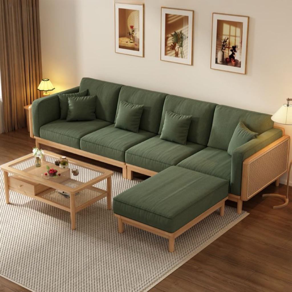 Kursi Sofa Sudut Minimalis Set Sofa Tamu Jati Kombinasi Rotan Sofa L