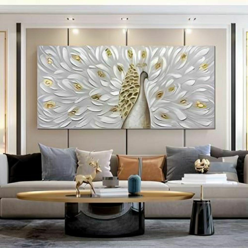 lukisan abstrak burung merak aesthetic hiasan dinding rumah ruang tamu elegan tekstur timbul tebal m