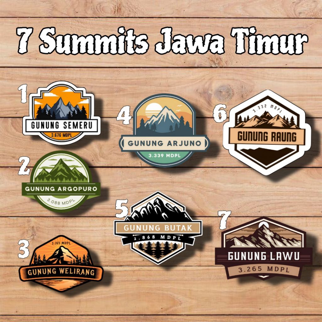 

Stiker 7 Summit Jawa Timur Stiker Gunung Jawa Timur Vinyl+Laminasi Size 6-7cm