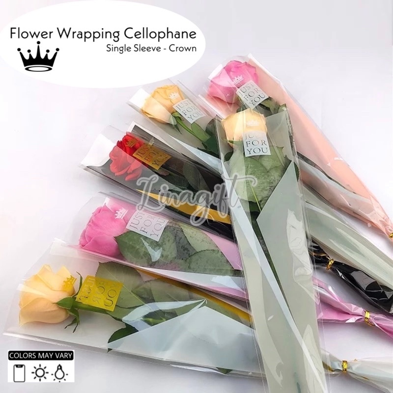 

( 5 Lembar ) SINGLE SLEEVE CROWN - FLOWER ROSE PACKING BAG - FLOWER WRAPPING PAPER 50x10 CELLOPHANE