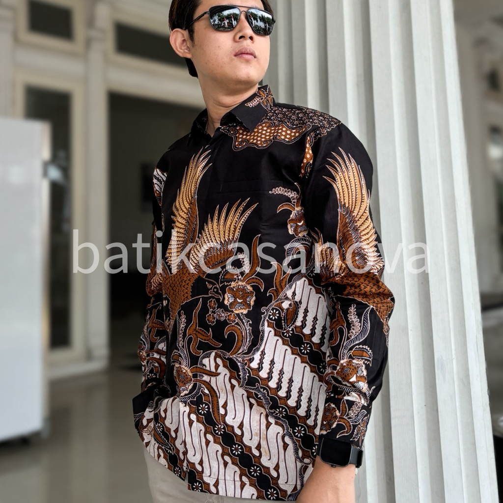 Batik Casanova Kemeja Batik Kantor Pria Keren Motif Lereng Garuda Warna Hitam