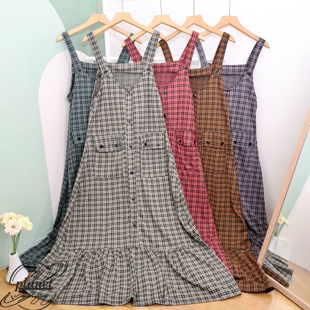 OVERALL DRESS WANITA HOUNDSTOOTH OUTER PANJANG MOTIF KOTAK