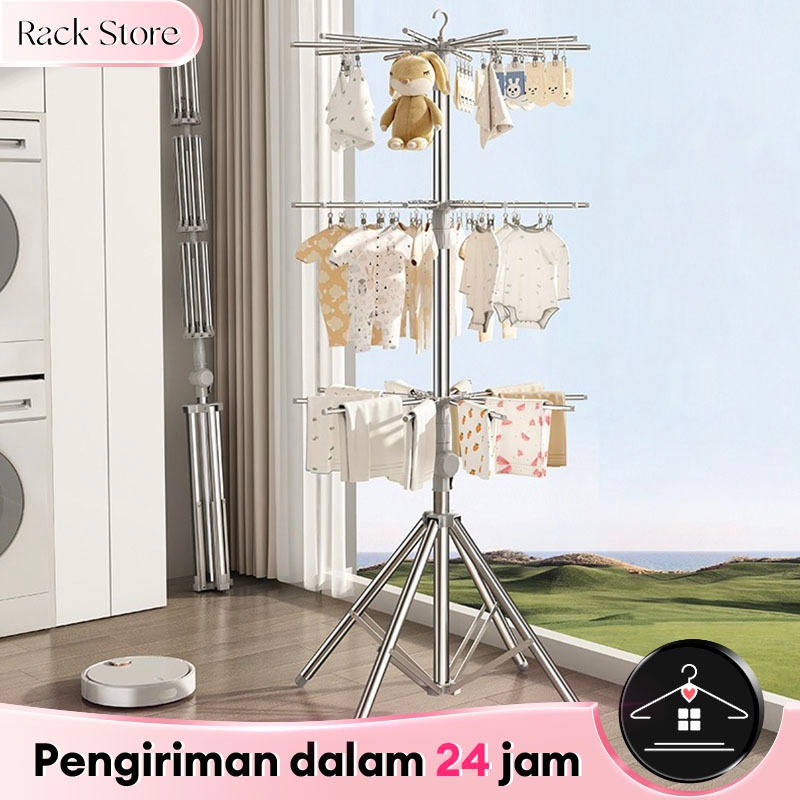 Jemuran menara Stainless Steel rak jemuran baju bayi lipat Jemuran Portable susun handuk foldable ha
