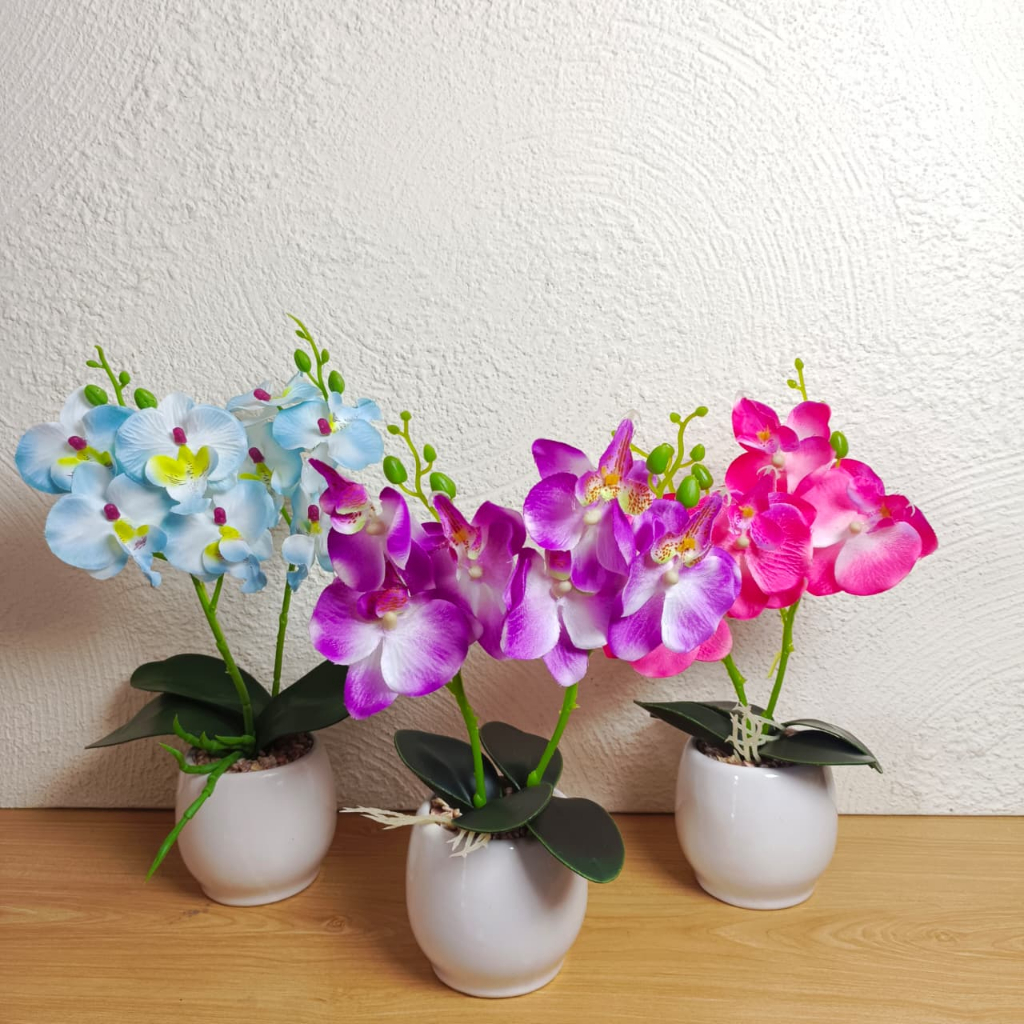 CEILO FLORIST Bunga Anggrek Dendrobium Bahan Kain | Bunga Anggrek Hias Pot Keramik Minimalis | Bunga