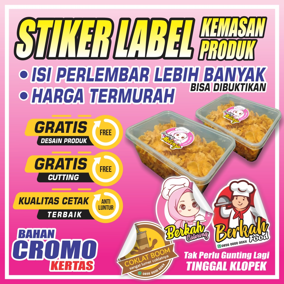 

Stiker Bontak Chromo + Cutting (ISI PERLEMBAR LEBIH BANYAK) Label Kemasan Produk Makanan Minuman