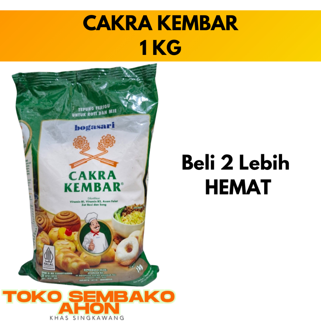 

CAKRA KEMBAR PREMIUM BOGASARI TEPUNG TERIGU 1 KG / Tepung Terigu Cakra Kembar 1kg / Tepung Roti Cakra Bogasari / Terigu Protein Tinggi Cakra Kembar