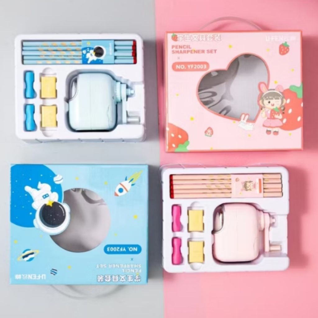 

Gift Set Alat Tulis Sekolah Lucu – Rautan Pensil Meja, Pensil Karakter, Penghapus, Kotak Kado Anak