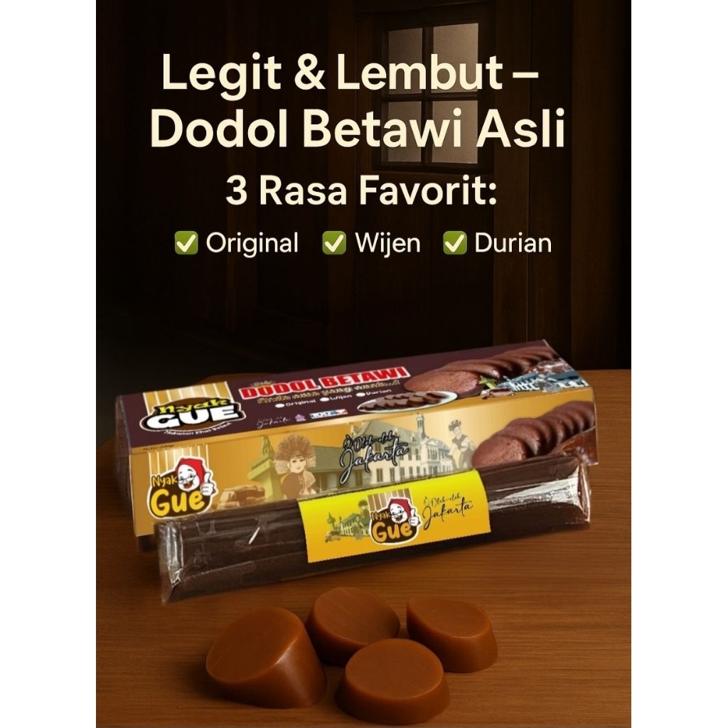 

Dodol Betawi Nyak Gue - Oleh-Oleh Khas Jakarta | 2 Lonjor/Pack (200gr) | Original/Wijen/Durian | Tanpa Pengawet