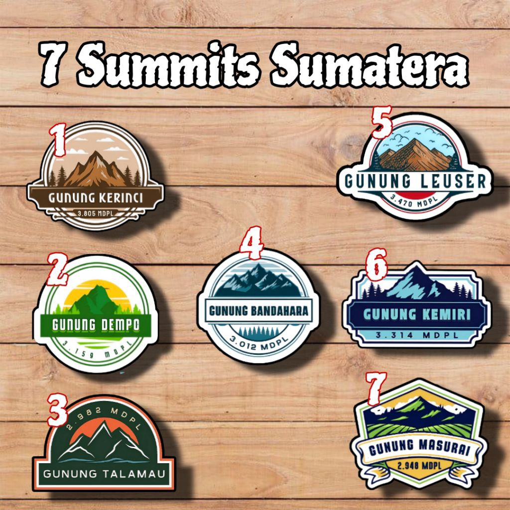 

Stiker 7 Summit Sumatera Stiker Gunung Sumatera Vinyl+Laminasi Size 6-7cm