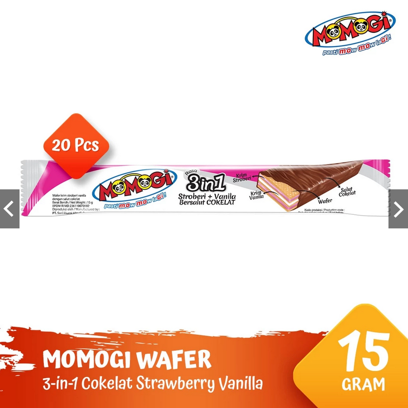 

Momogi Wafer Salut Cokelat-Strawberry-Vanila 3 In 1 [1 Box @ 20 Pcs] / Wafer