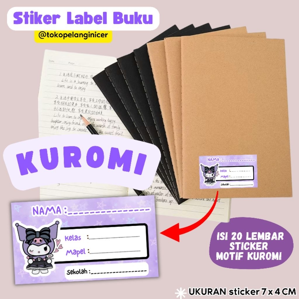 

NOCUSTOM Stiker Label Buku Kuromi Isi 20 Lembar – Label Nama Buku Sekolah Lucu 7x4 cm