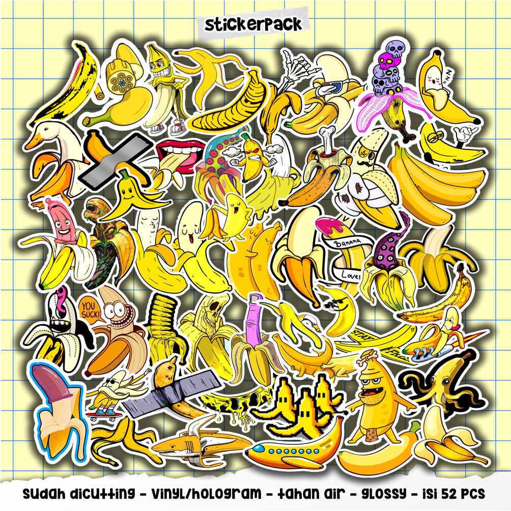 

stiker aesthetic banana series, isi 52pcs vinyl & hologram tahan air