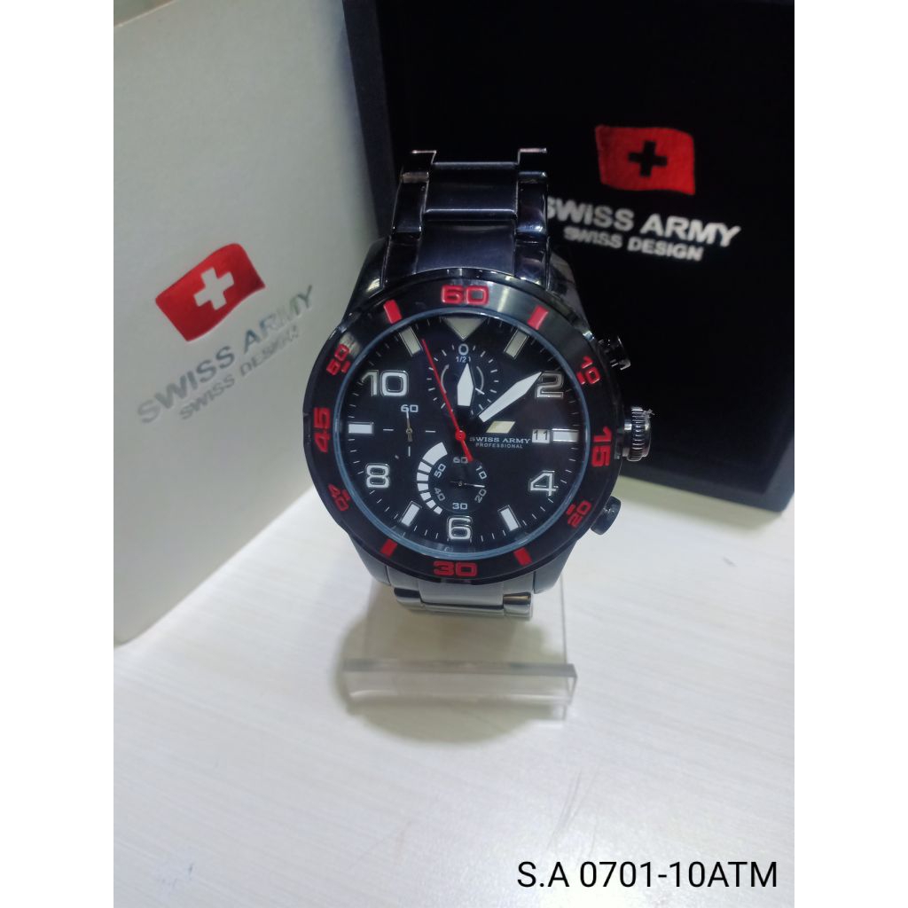JAM TANGAN SWISS  ARMY SA- 0701 MA CRONO AKTIF RANTAI HITAM ALL STAINLESS STEEL WATER RESISTANT 10 A