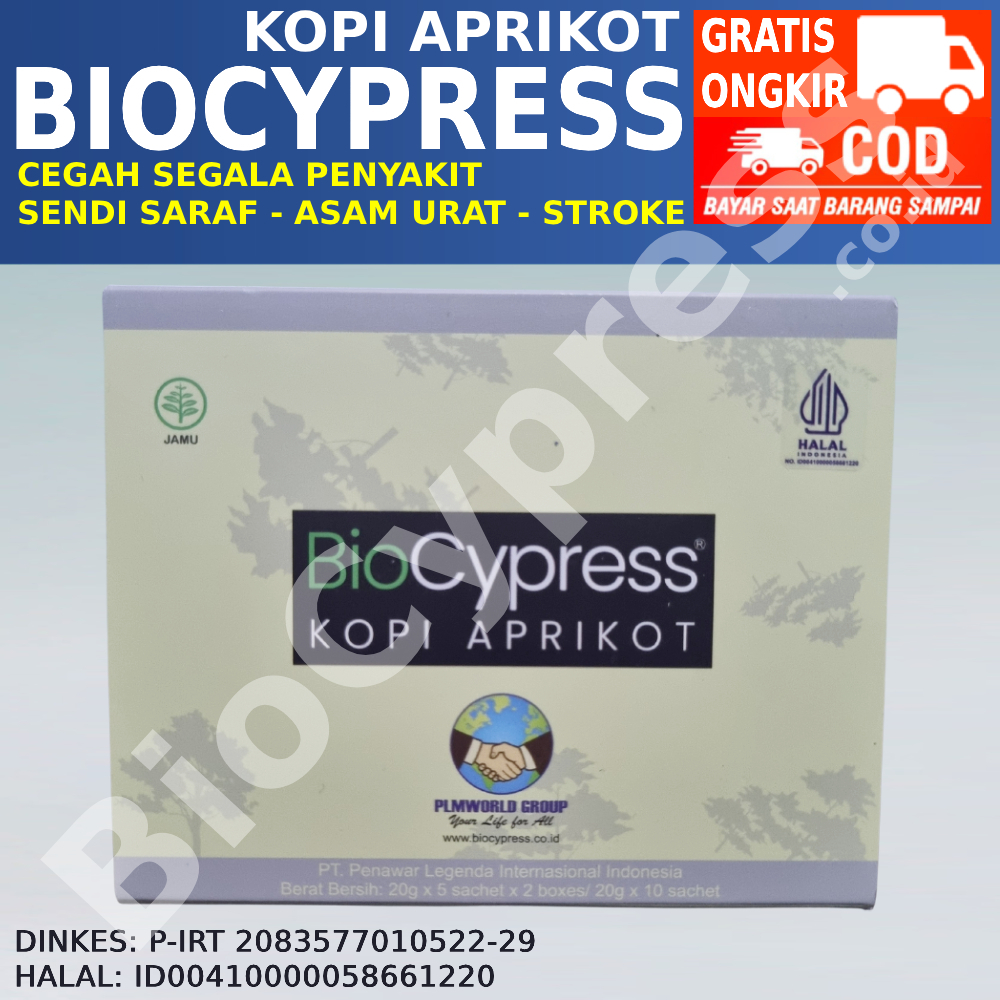 

Kopi Aprikot BioCypress Original isi 10 Sachet Cegah Asam Urat Nyeri Sendi Saraf Pegal Linu Jantung Stroke Sehat Alami Nikmat 100% Bio Cypress Powder Aprikot