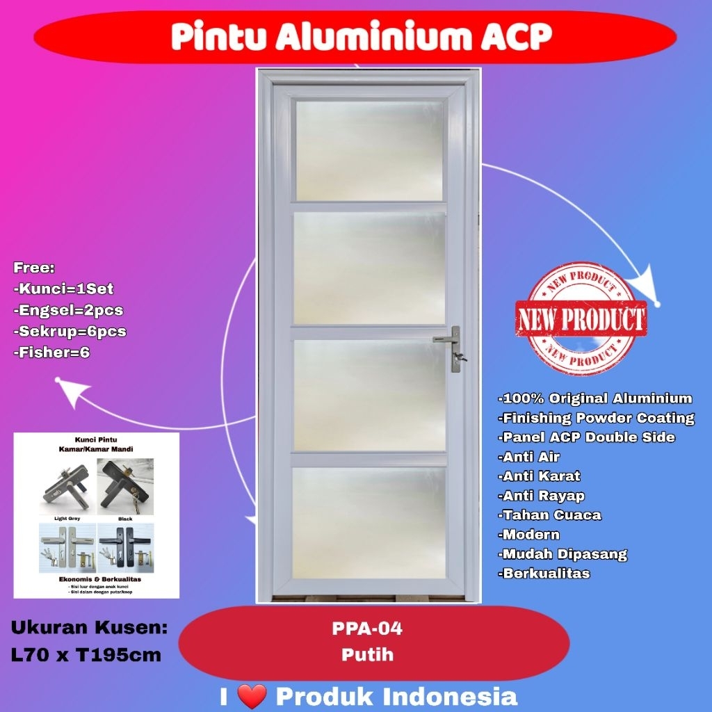 Pintu Full Aluminium Modern-PPA 04-Full Kaca Es 5mm-4 Kotak-Putih