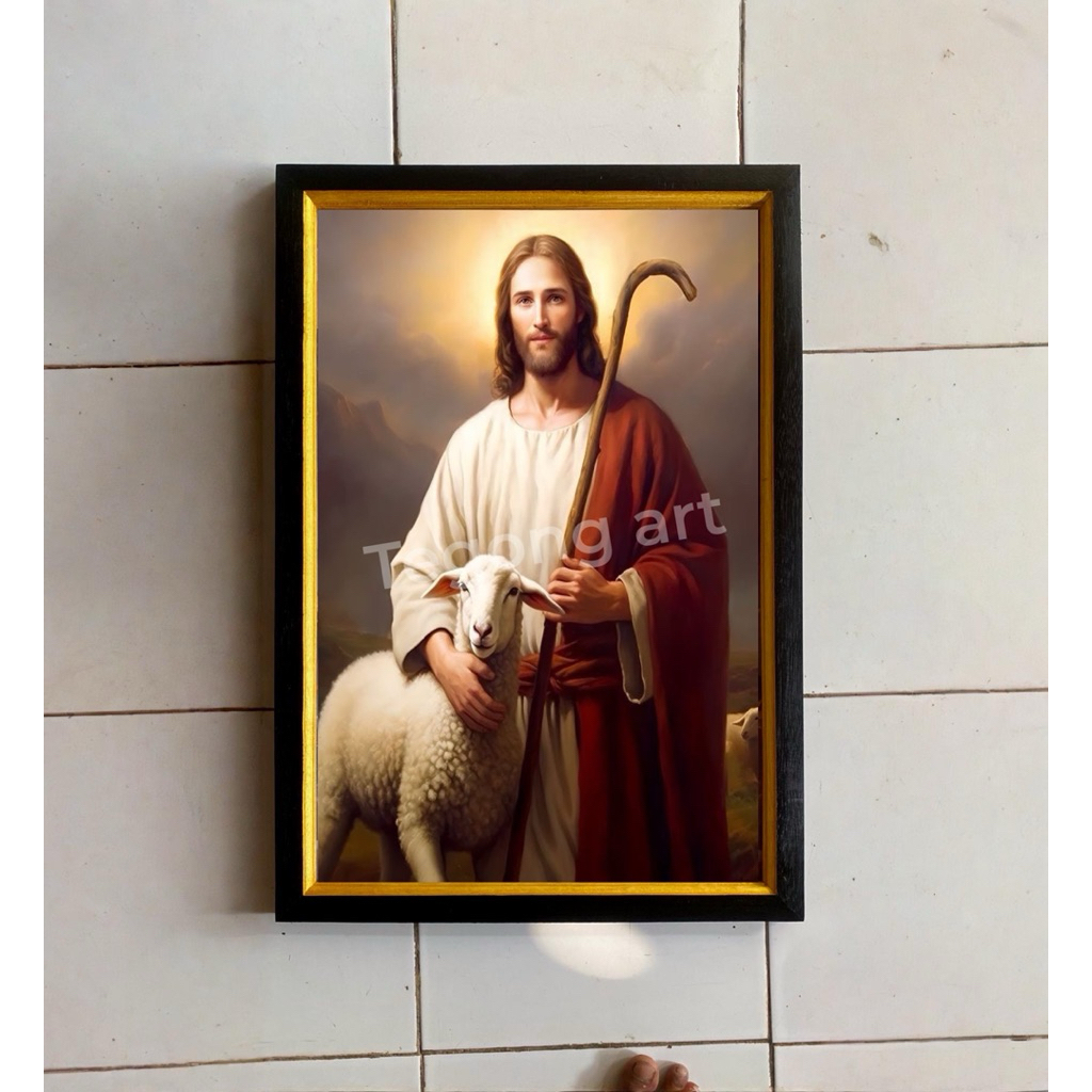 hiasa dinding lukisan cetak gambar tuhan yesus dan domba plus bingkai UK 65 x 45 cm