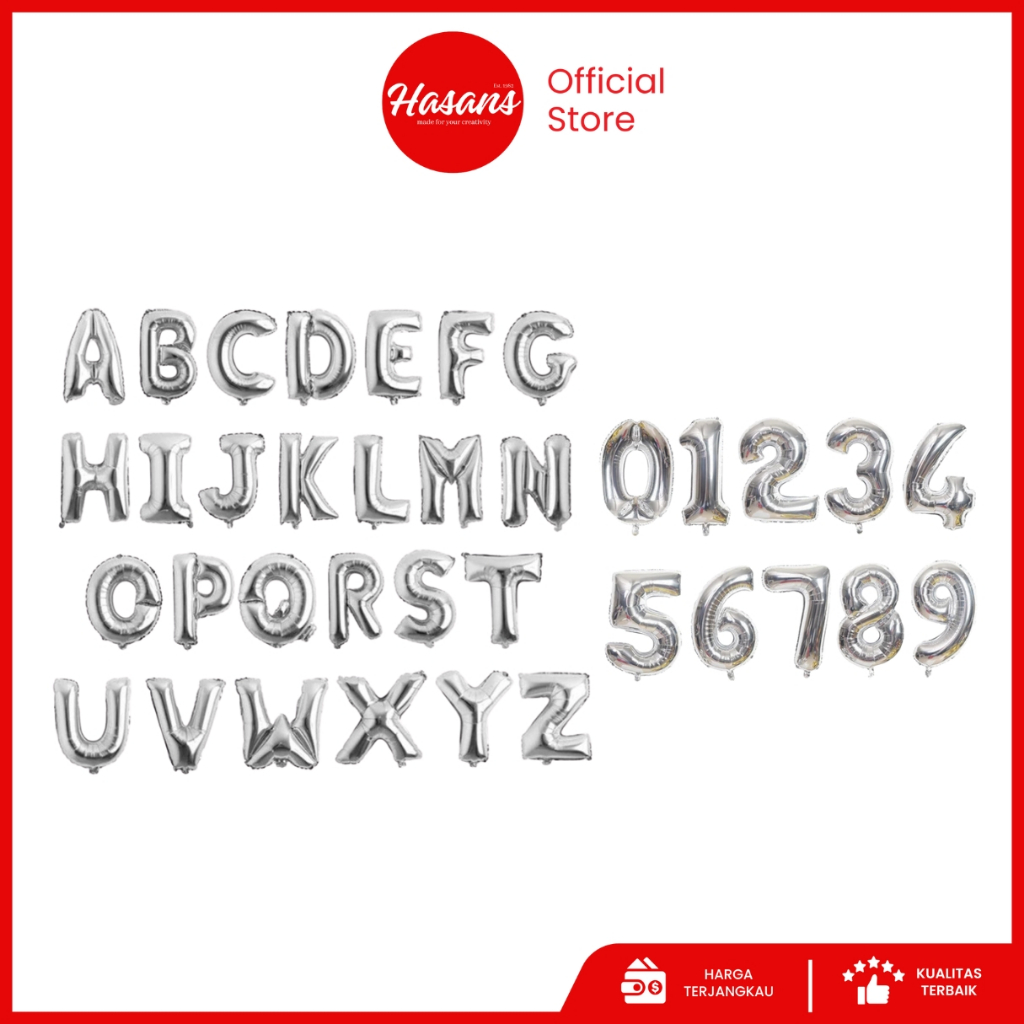 Hasans / [50 Pcs] Balon Foil Huruf 80Cm Perak / Balon Foil Angka 80Cm Perak / Balon Ulang Tahun / Ba