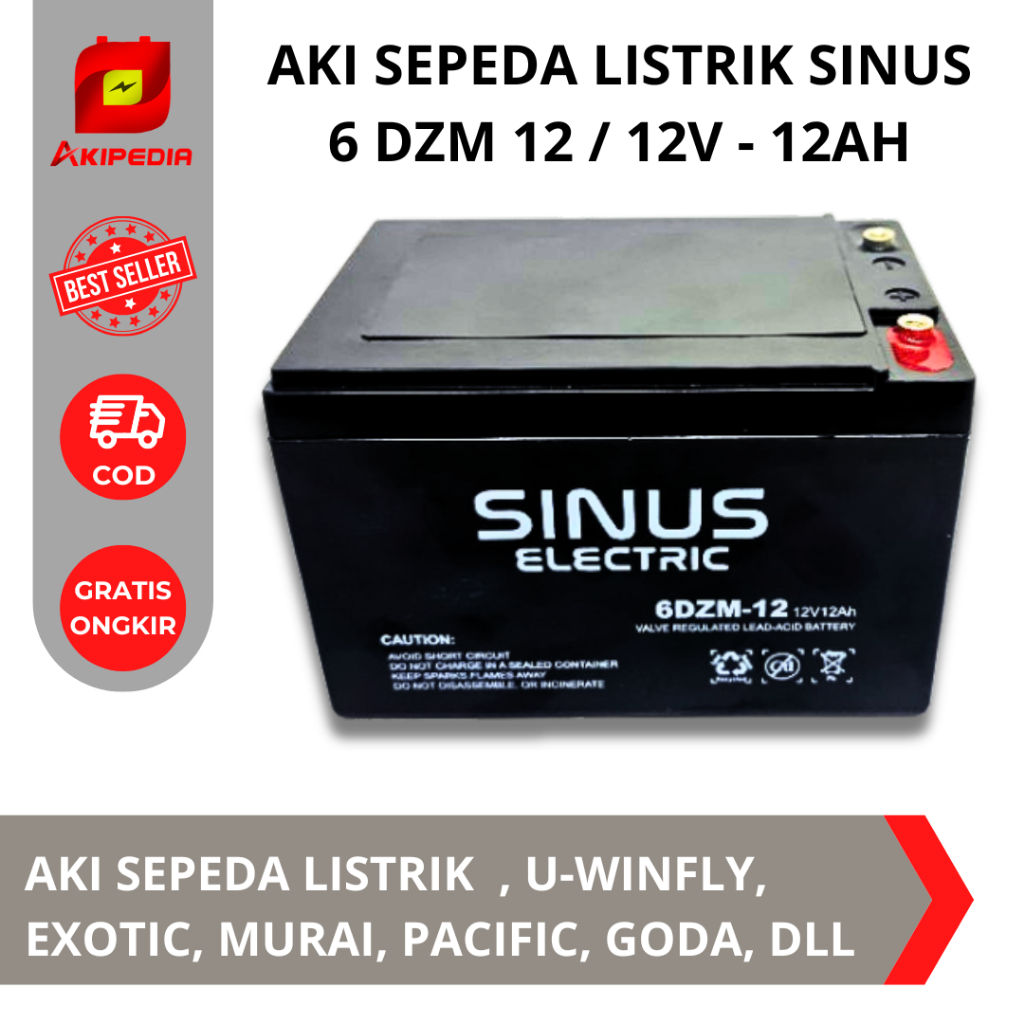 Aki baterai Sepeda Listrik 6 DZM 12 aki 12V 12Ah SINUS ELECTRIC