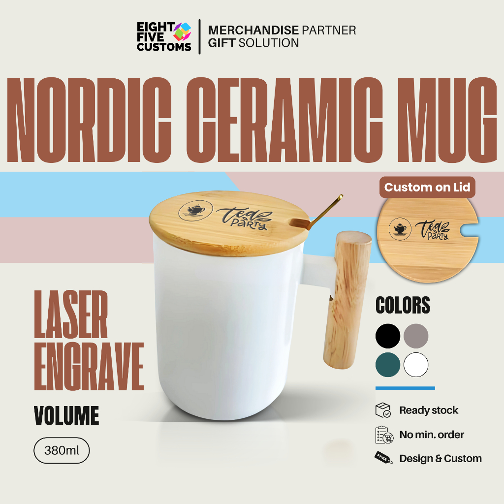 Custom Nordic Ceramic Mug  380ml  Cetak Laser Grafir (Laser Di Tutupnya Saja) Souvenir Gift