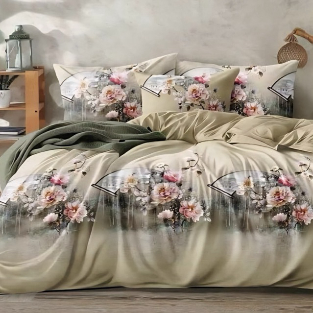 BIOSIBEDDING Sprei Katun Jepang Motif Garis Bunga Tropical Custom Size Custom Rumbai Rempel Murah