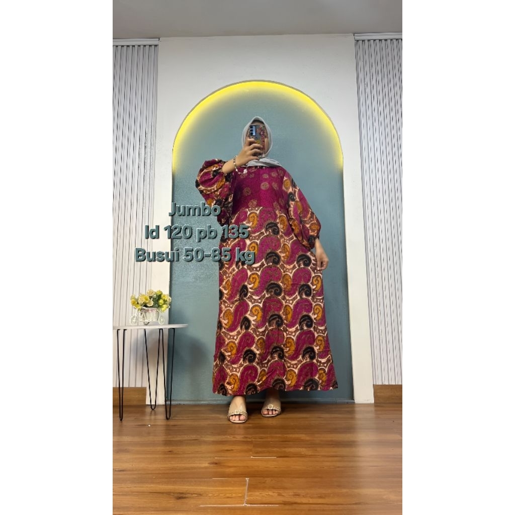 Gamis jumbo Dress Rayon Tebal Premium Batik Wanita Busui Lengan Balon Ld 120