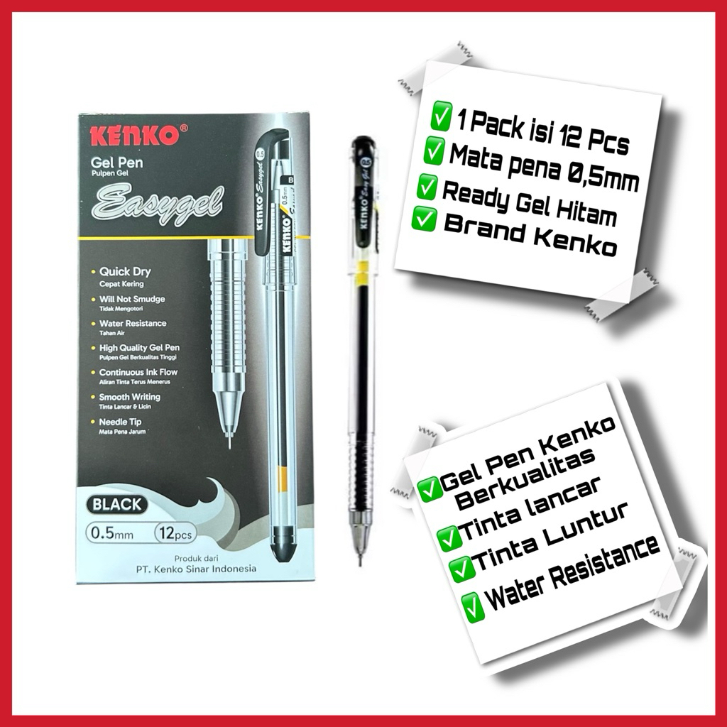 

12 PCS PEN KENKO EASY GEL / PULPEN KENKO EASY GEL HITAM 0,5mm