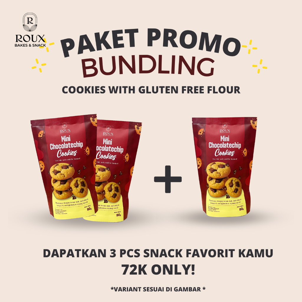 

ROUX PAKET RPOMO BUNDLING MINI CHOCOCHIP COOKIES BITES RENYAH CRUNCHY GLUTEN FREE TEPUNG MOCAF NYOKLAT NAGIH