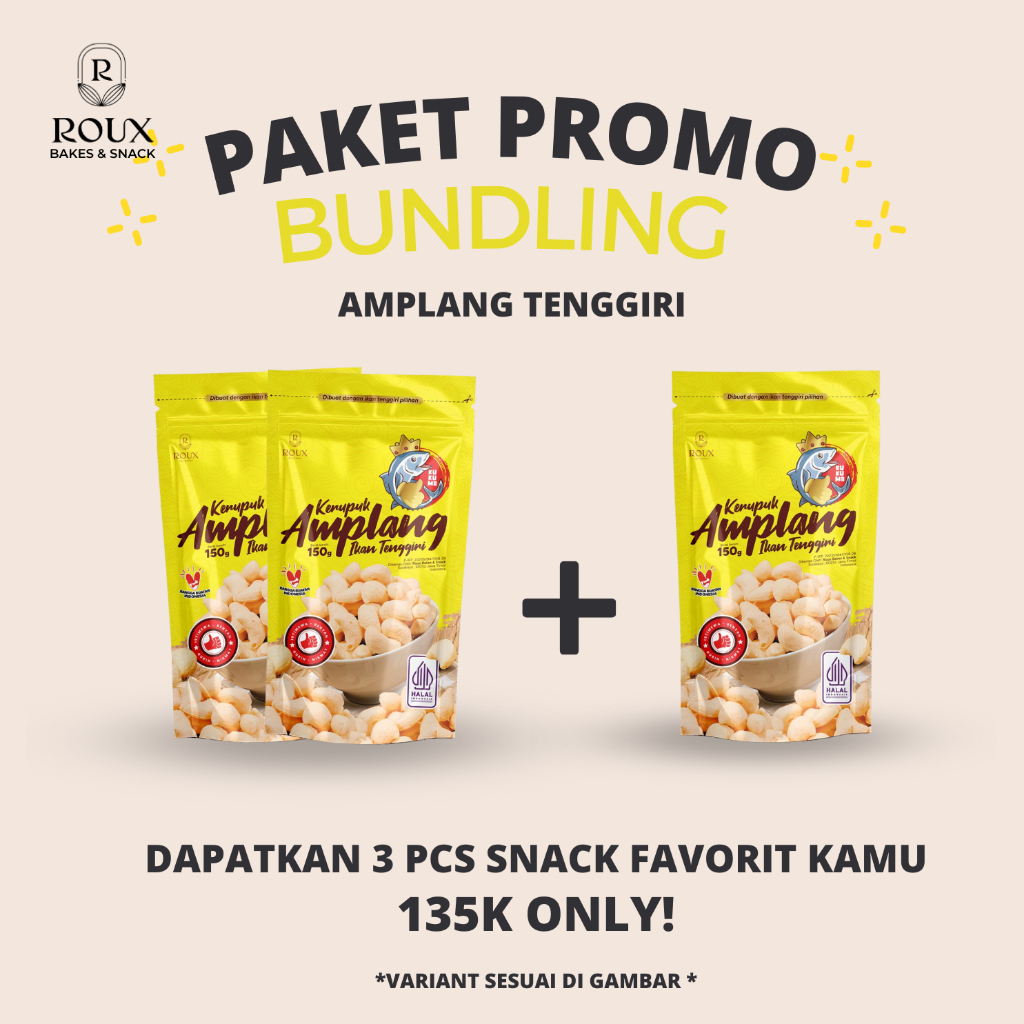 

ROUX PAKET BUNDLING PROMO KUKUMA KERUPUK KUKU MACAN 150g AMPLANG TENGGIRI BAWANG RENYAH GURIH ENAK