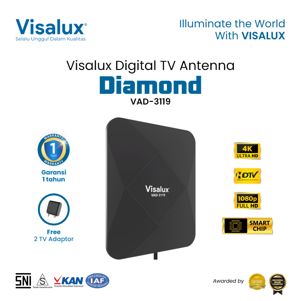 Visalux Diamond Digital TV Antenna Indoor Outdoor - Antena Digital Luar Dalam Ruangan dengan Kabel 1