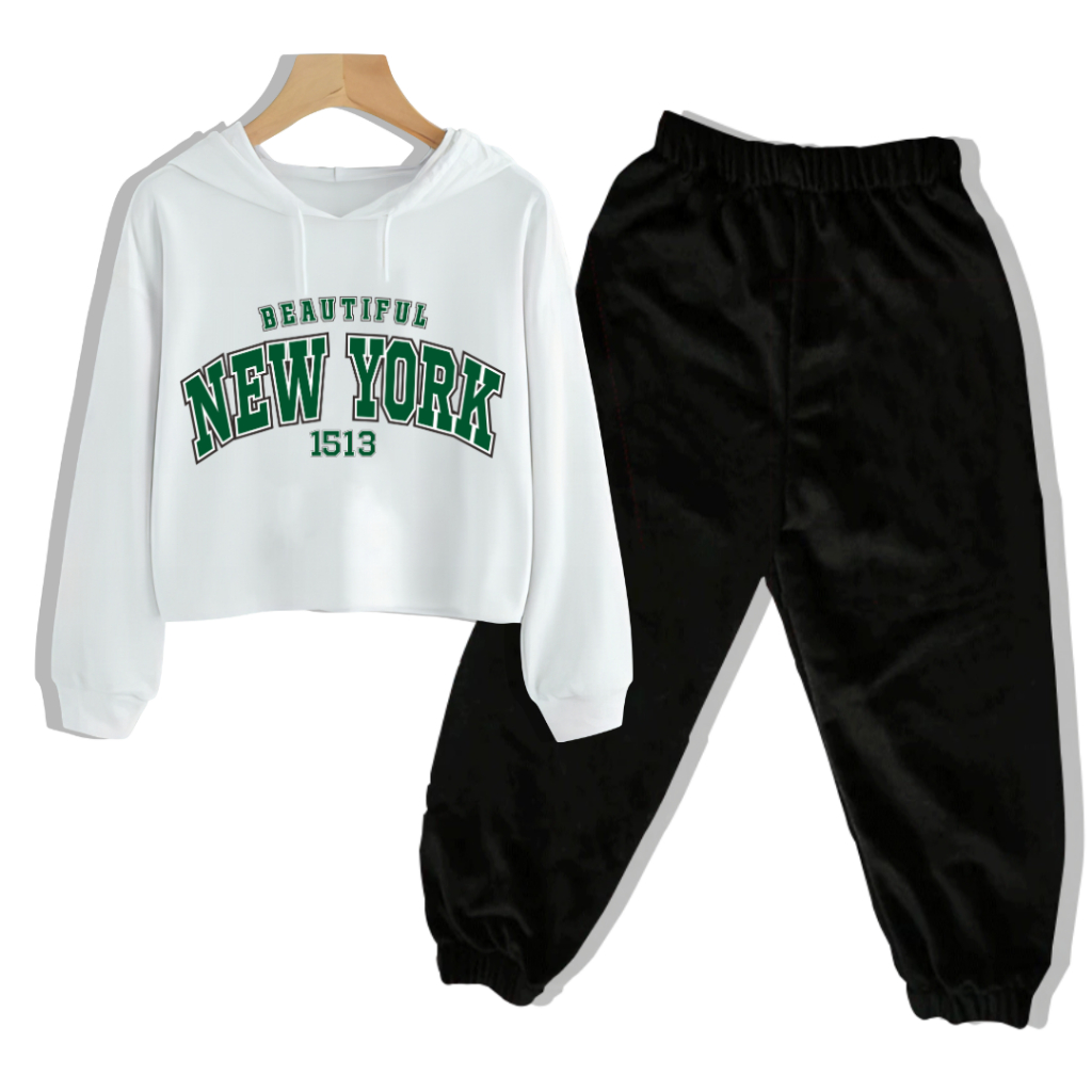 CLSTORE SETELAN ANAK REMAJA 9-12 TAHUN ANGEL CROP HOODIE DAN CELANA JOGGER HITAM Beautiful Newyork