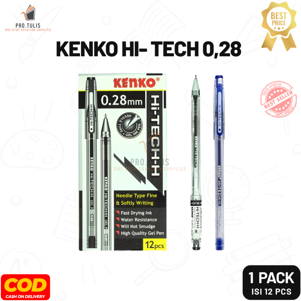 

(1 Pack) Pulpen Kenko Hi-Tech 0.28 mm Gel Halus Hitam / Biru. ProTulis