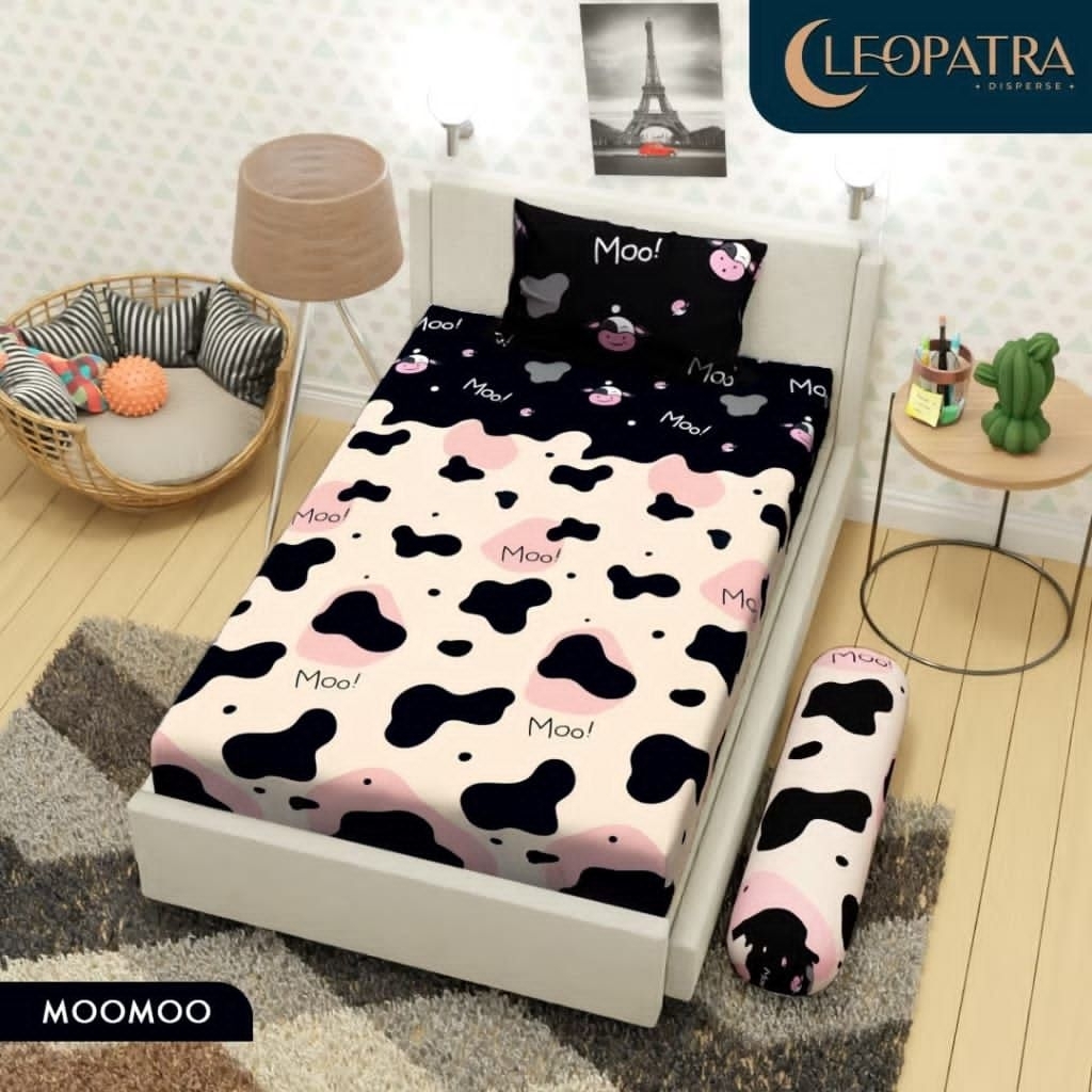 Cleopatra sprei premium 90/100/120/160/180/200 motif Sapi moo moo cow cream black hitam krem pink su
