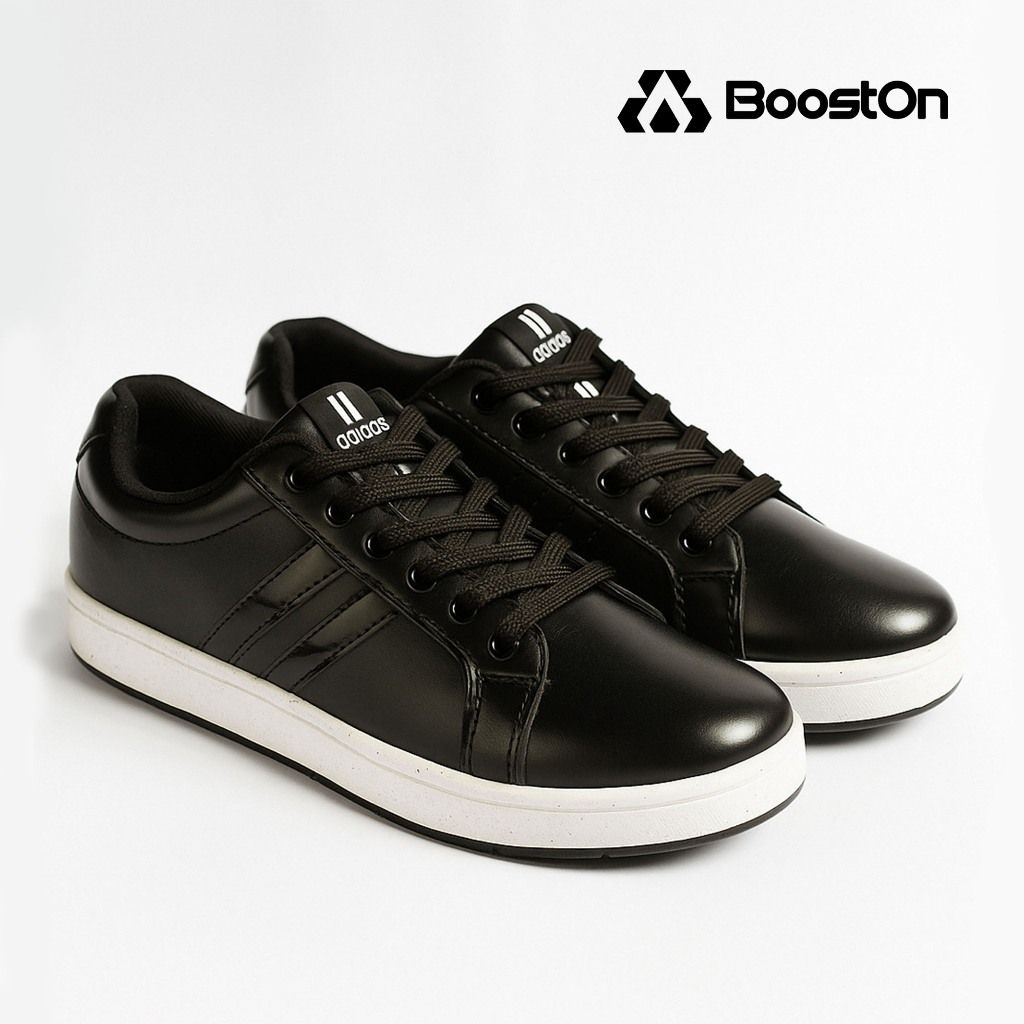 BoostOn-Sepatu Sekolah Premium Anak Cowok Cewek Remaja SMP SMA Sneakers Hitam Mengkilap