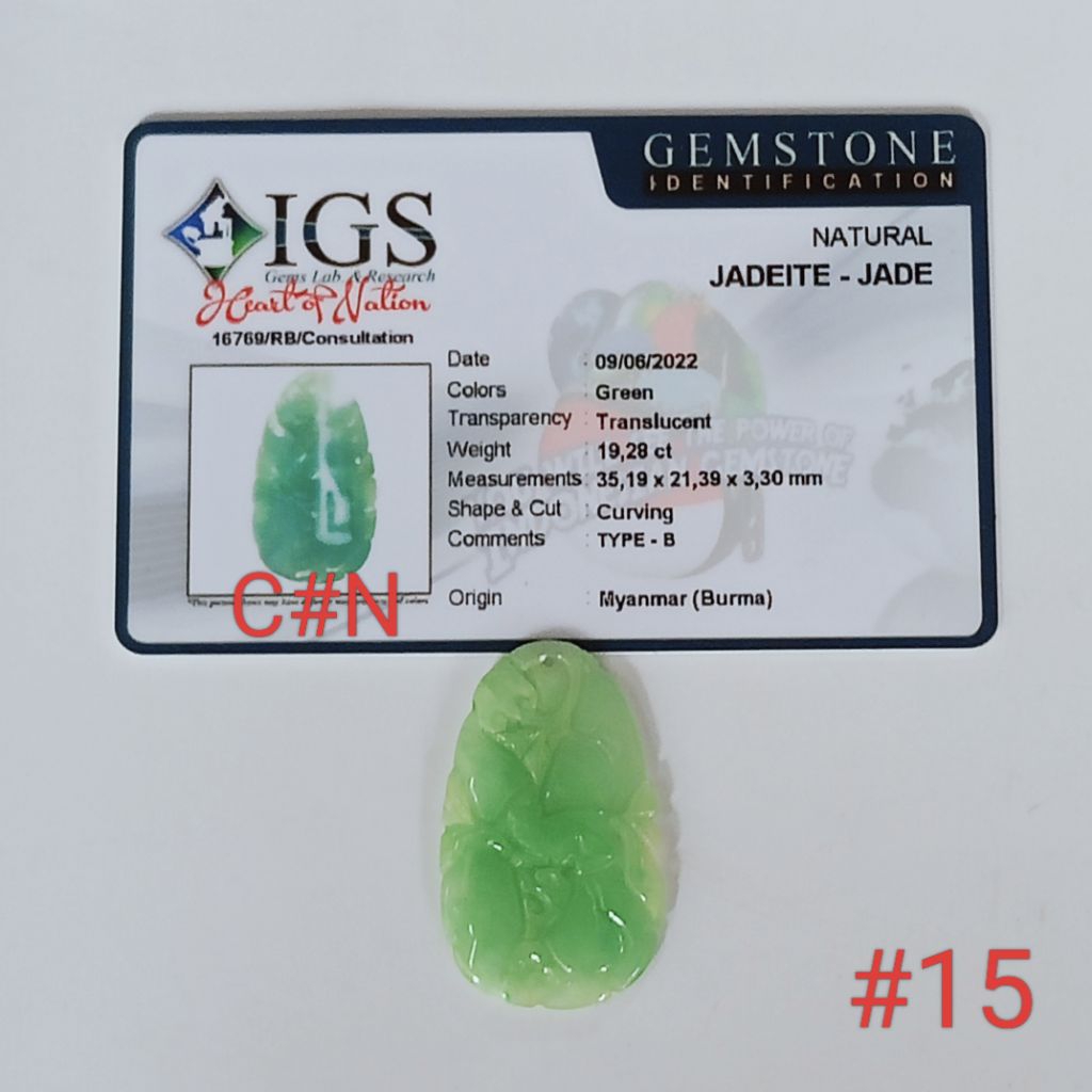 liontin batu natural jedeite jade type B. batu giok Burma.#15 gem id card IGS