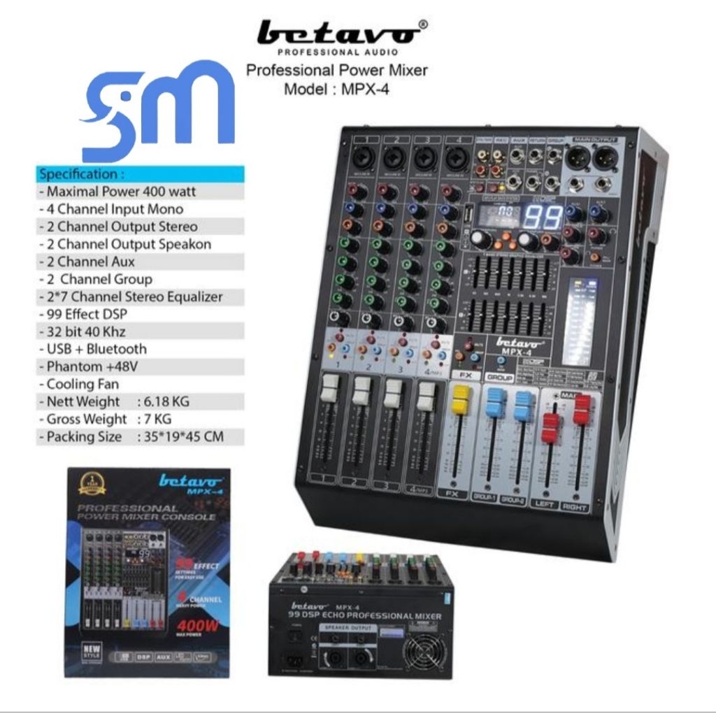 Power Mixer Betavo Audio MPX-4 4 Chanel Mono MPX4 Reverb 99DSP 400 watt